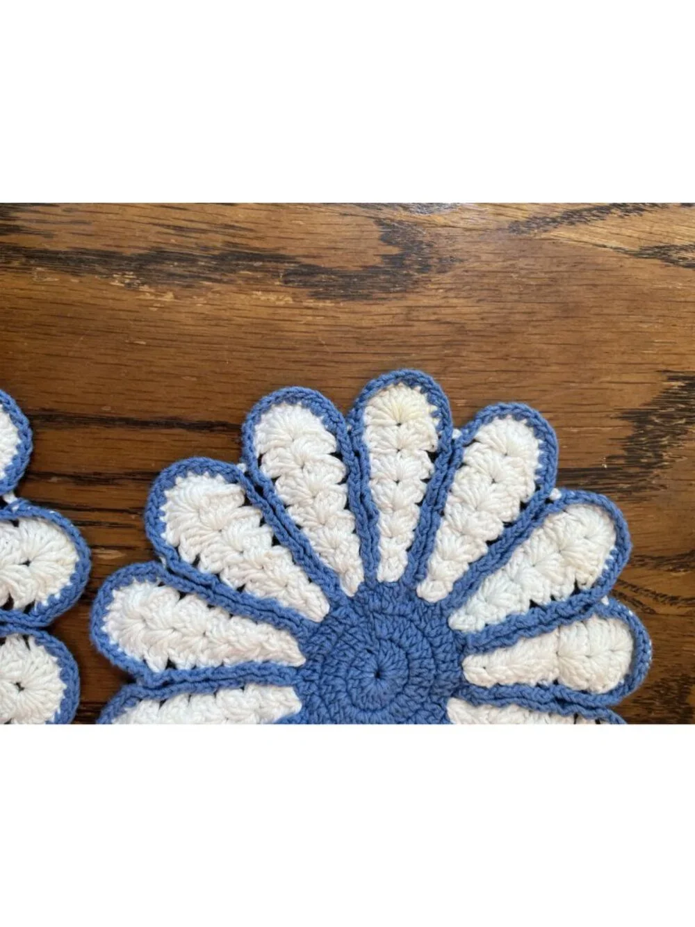 Vintage Handmade Crochet Daisy Pattern Doilies - Blue & Cream - Set Of 2 - 8 Inc